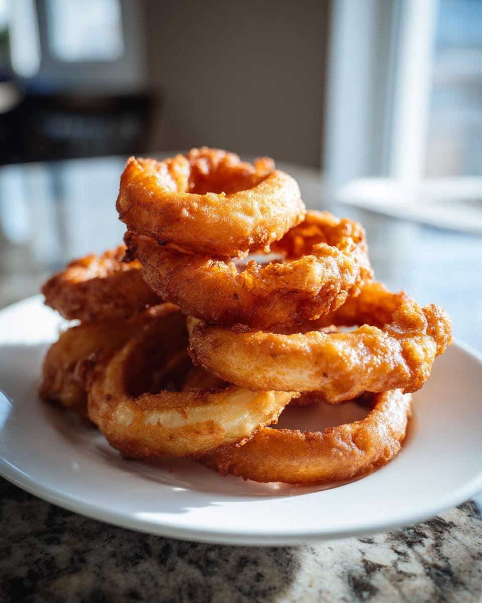 A tall stack of perfectly golden, crispy Onion Rings piled high on a white plate.