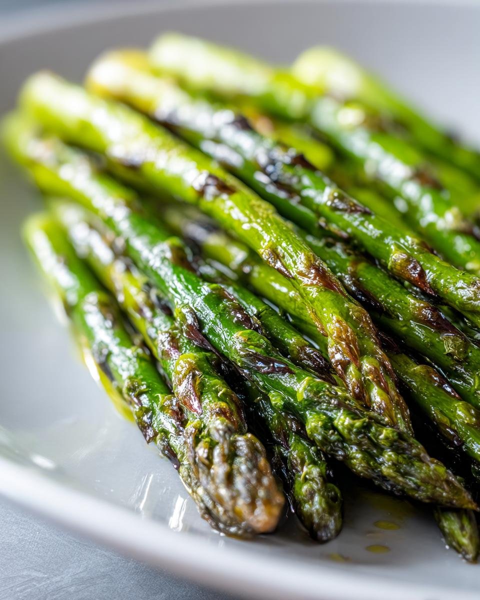 Close-up of bright green, slightly charred Grilled Asparagus spears glistening with oil on a white plate.
