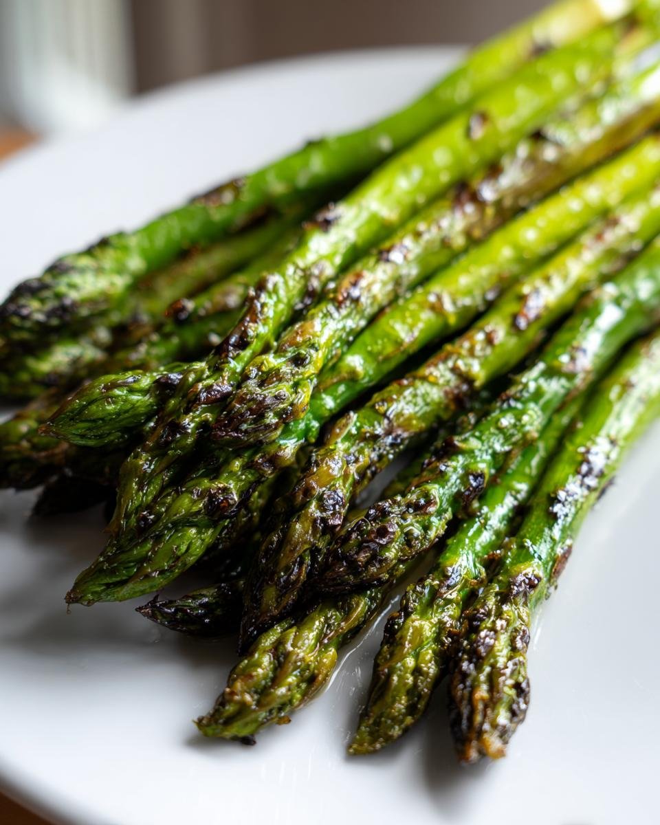 Close-up of vibrant green Grilled Asparagus spears with visible char marks resting on a white plate.