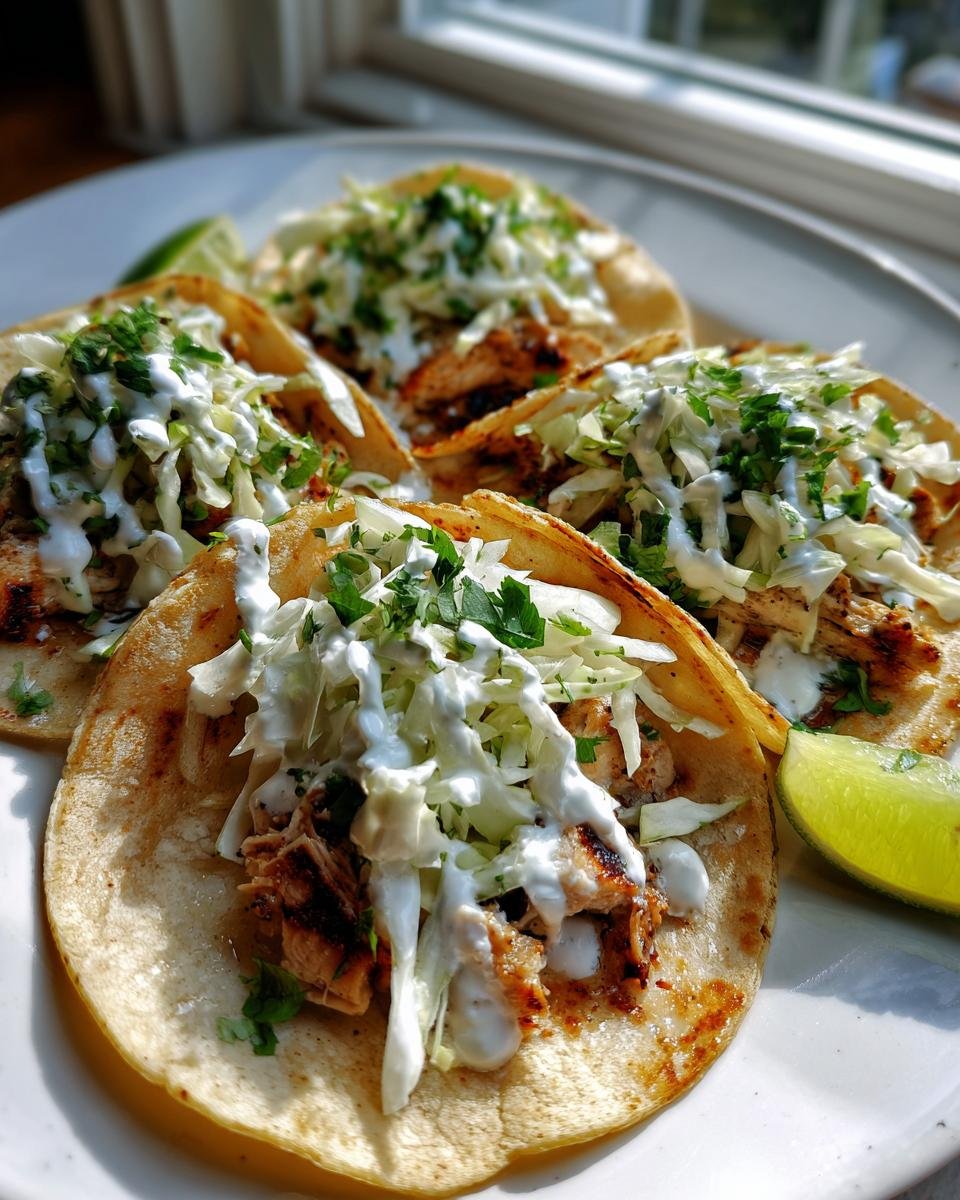 Four grilled Mahi Mahi Fish Tacos served on a white plate with shredded cabbage, white sauce, and a lime wedge.