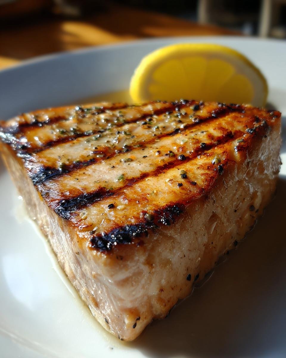 Close-up of a thick, perfectly cooked Grilled Swordfish steak showing distinct grill marks and seasoning, served with a lemon wedge.