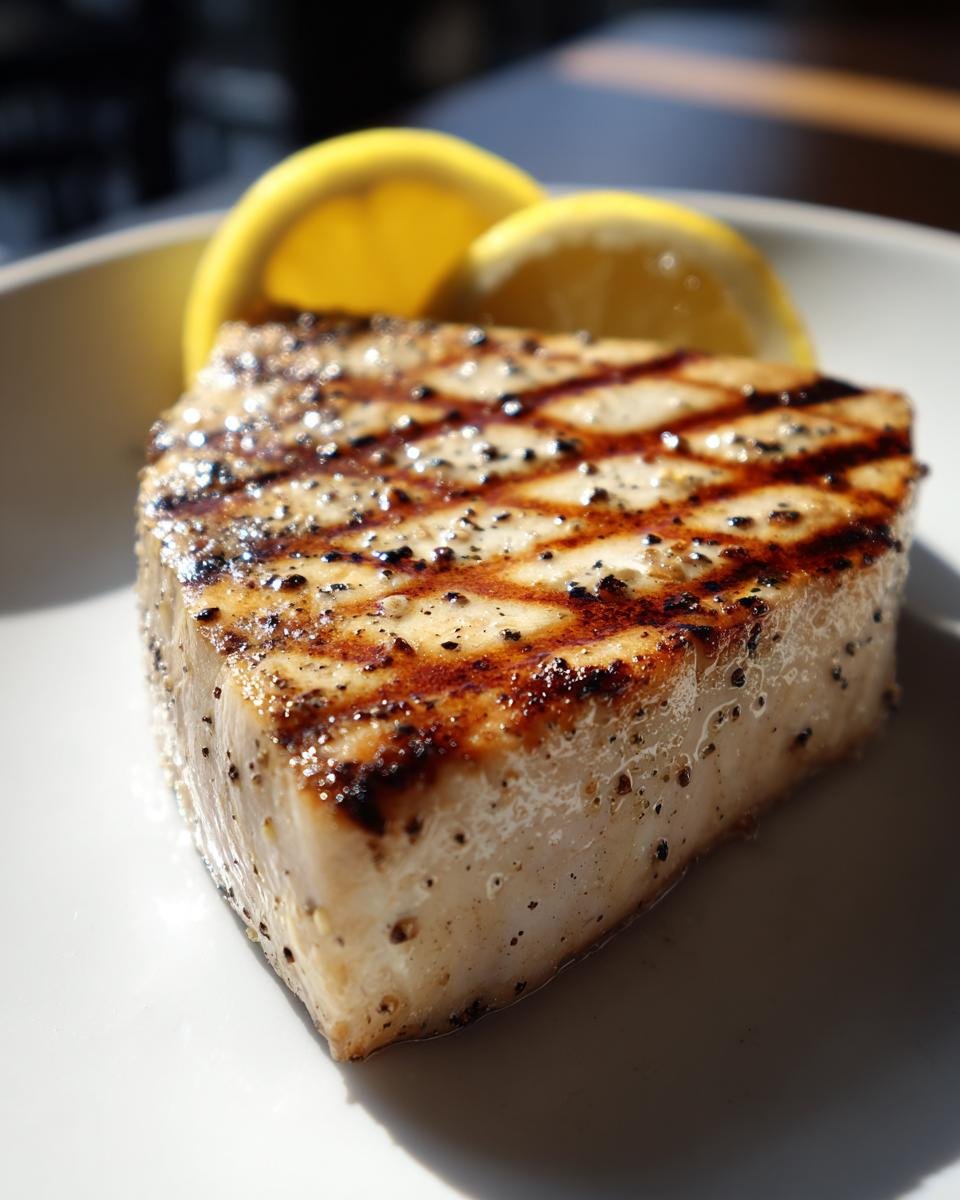 Thick, perfectly seasoned Grilled Swordfish steak showing distinct grill marks and served with lemon slices.