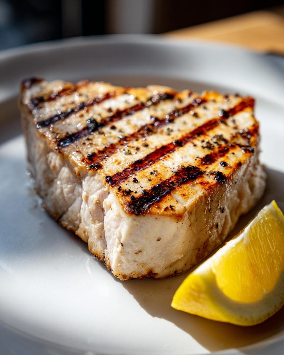Close-up of a thick, juicy Grilled Swordfish steak seasoned with pepper, featuring prominent grill marks, served with a lemon wedge.