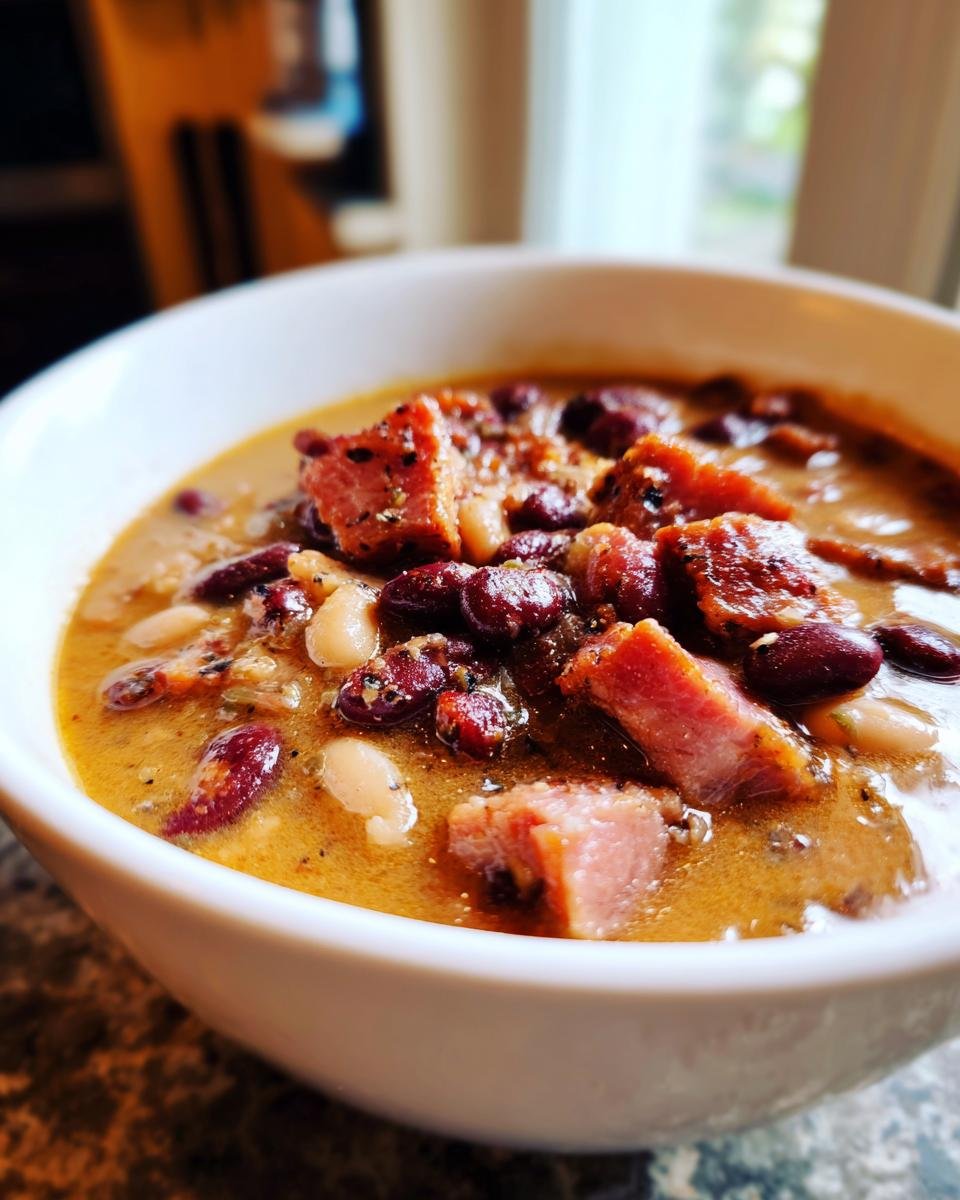 Close-up of a rich bowl of Ham And Bean Soup featuring kidney beans, white beans, and chunks of ham in a savory broth.