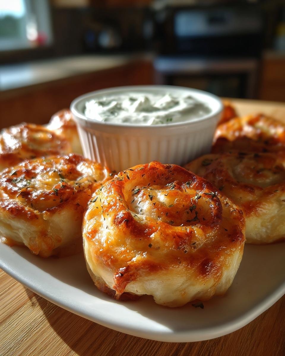 Close-up of baked Ham And Cheese Pinwheels topped with melted cheese and herbs, served with homemade ranch dip.