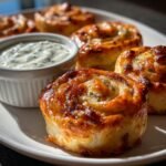 Close-up of baked Ham And Cheese Pinwheels with a side of homemade ranch dip on a white plate.