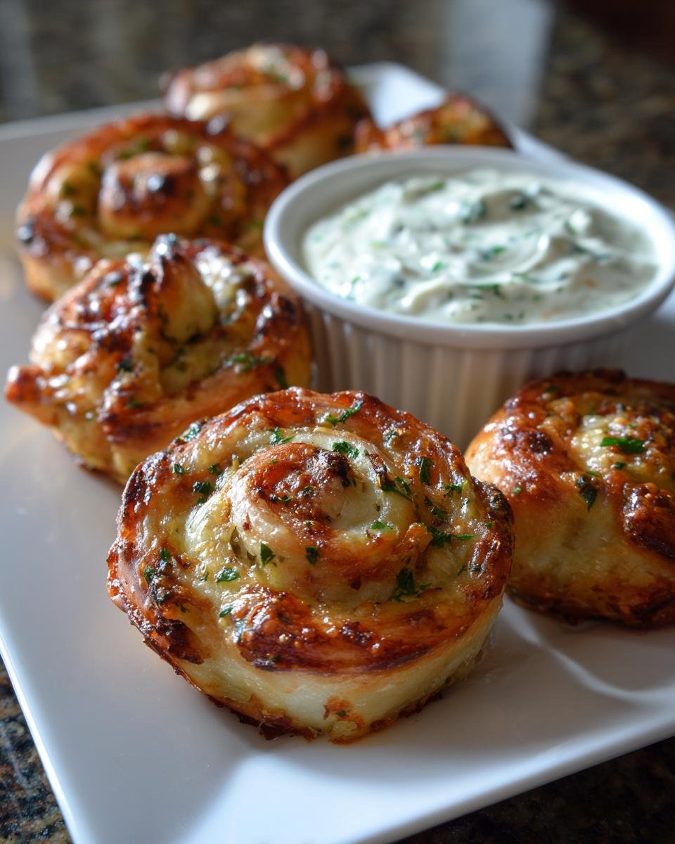 Close-up of baked Ham And Cheese Pinwheels served with a side of creamy homemade ranch dip.