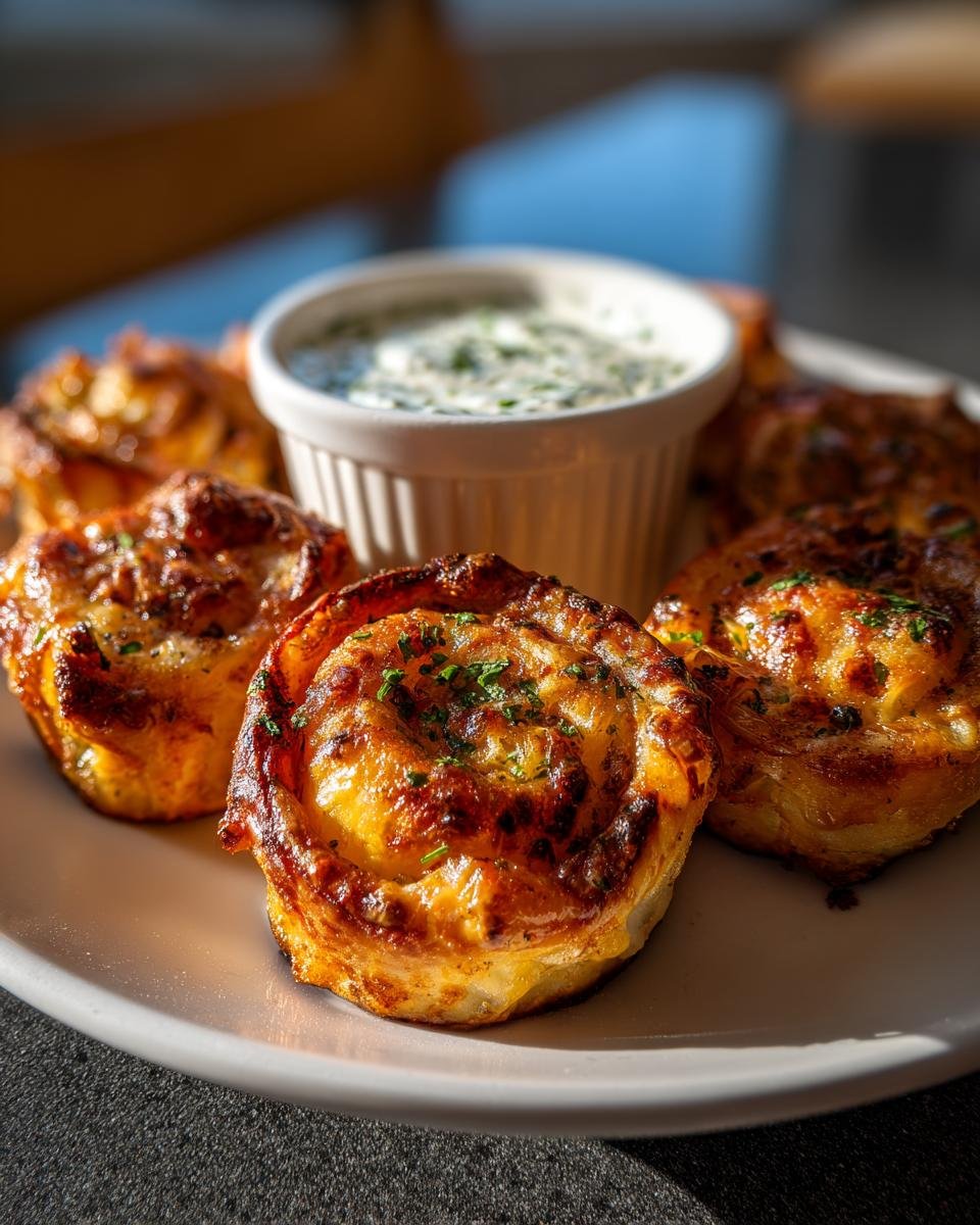 Close-up of golden brown Ham And Cheese Pinwheels served with a small bowl of homemade ranch dip.