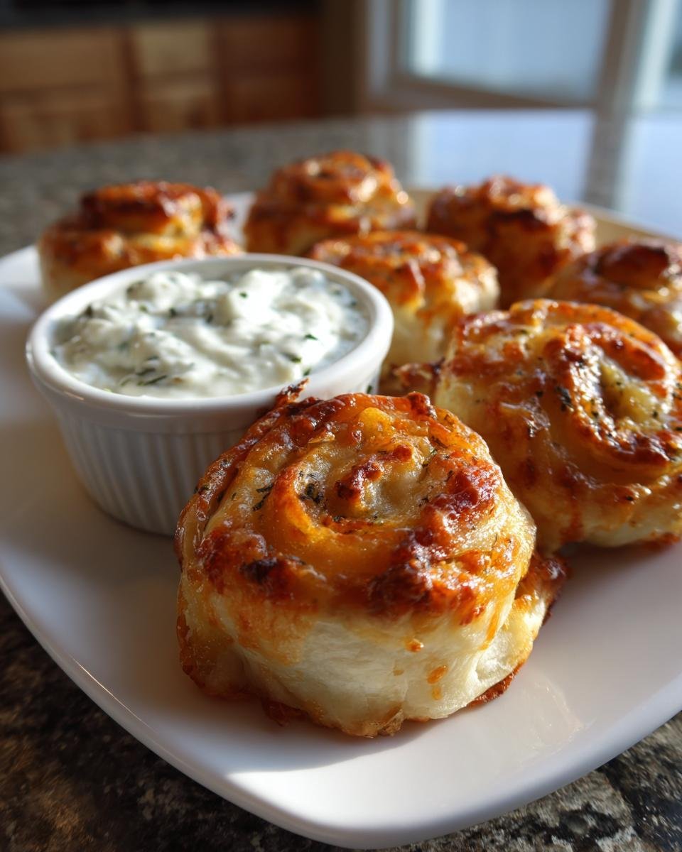 Close-up of baked Ham And Cheese Pinwheels served on a white plate next to a small bowl of homemade ranch dip.
