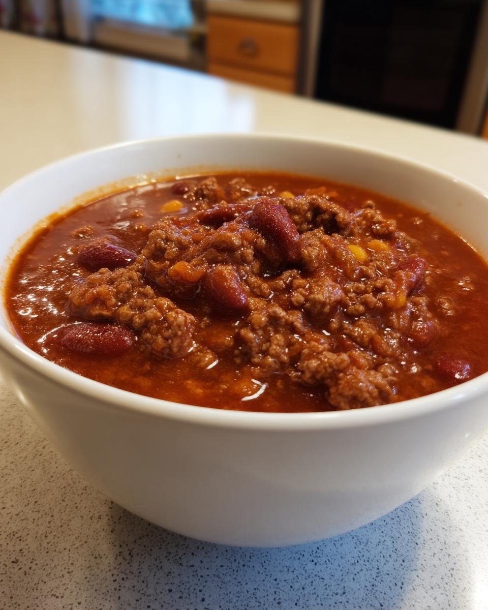 Close-up of a white bowl filled with rich, red Taco Soup containing ground beef, kidney beans, and corn.