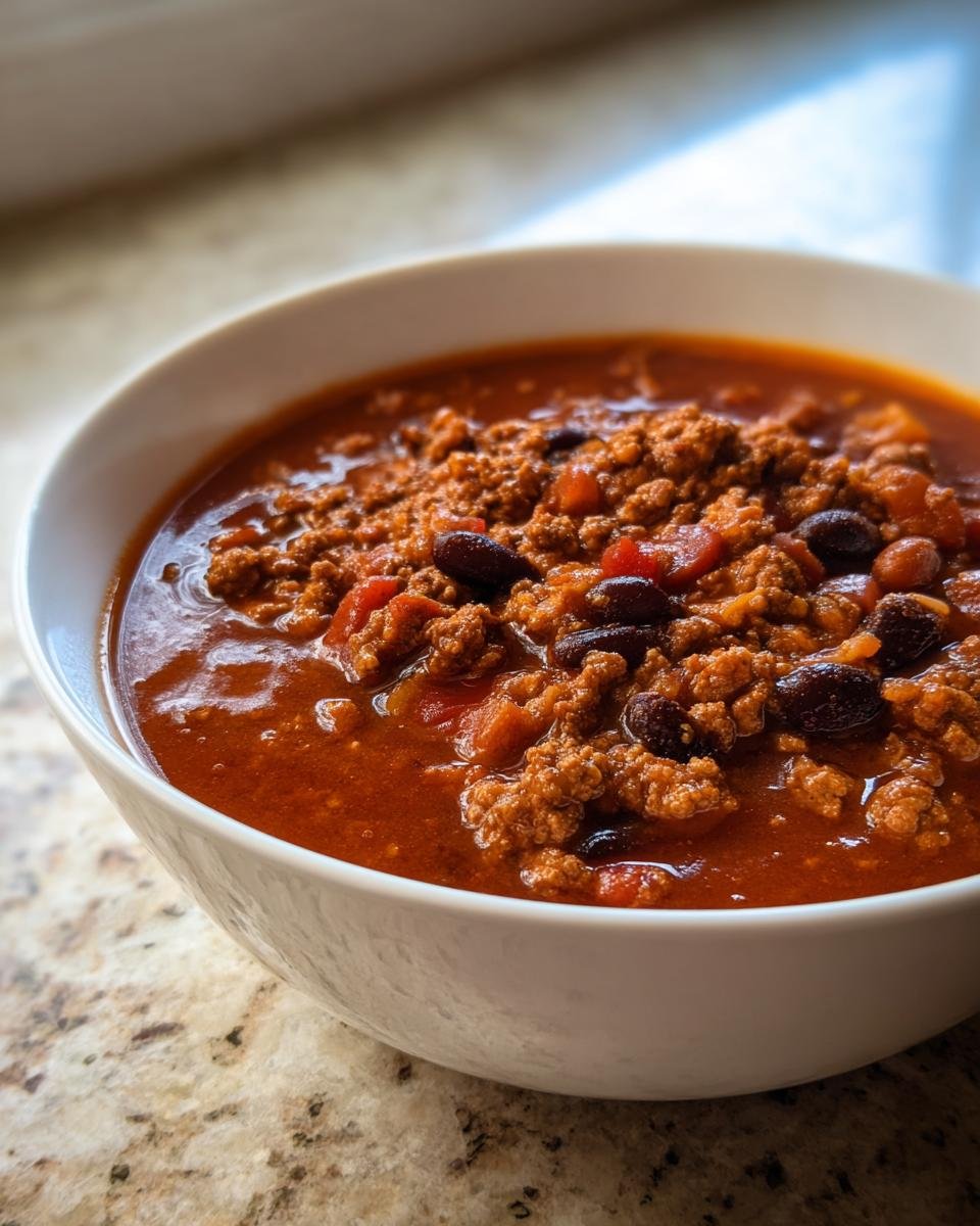 Close-up of a white bowl filled with rich, red Taco Soup featuring ground meat and black beans.