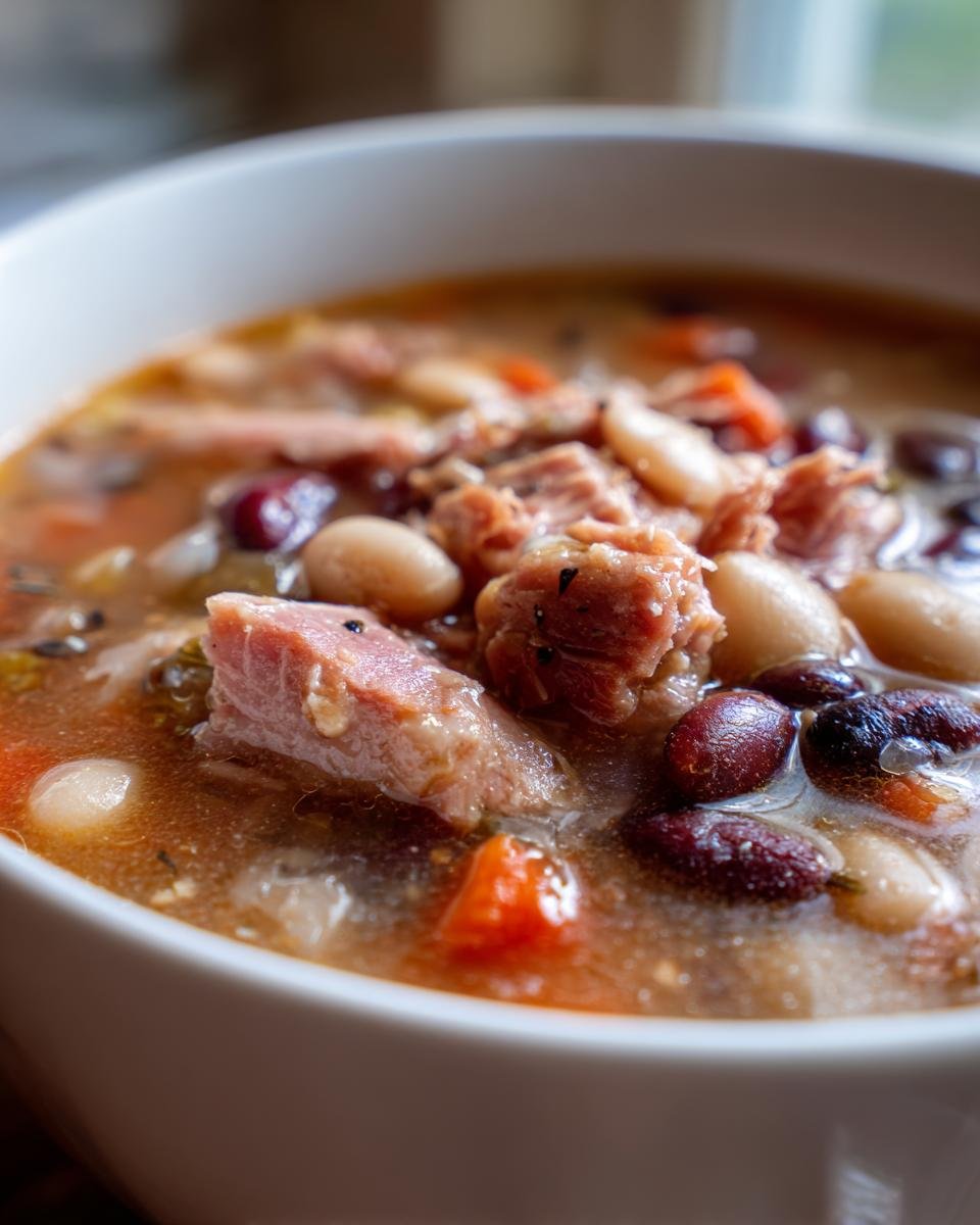 Close-up of a white bowl filled with rich Ham And Bean Soup, showing chunks of ham, white beans, and kidney beans.