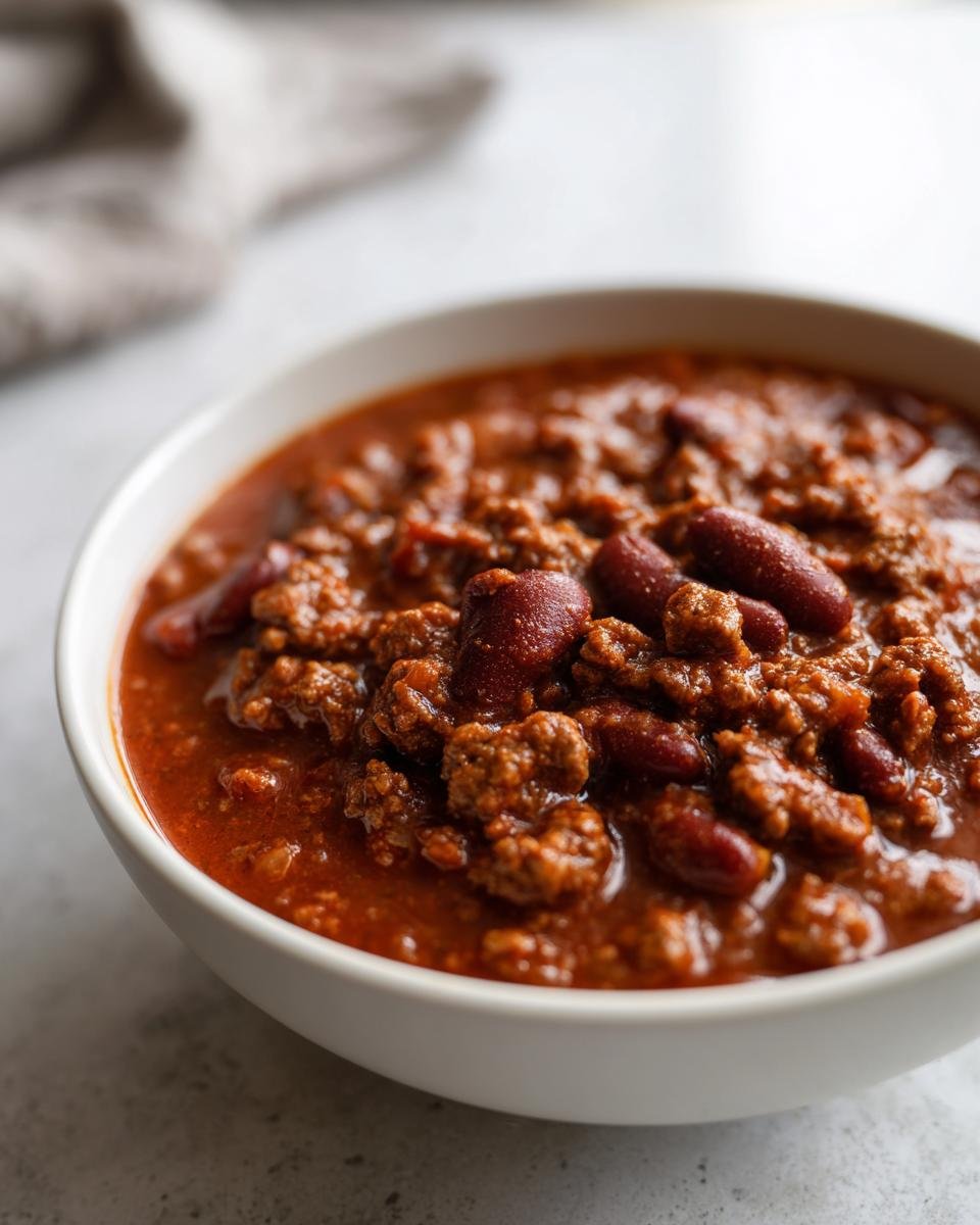 Close-up of a white bowl filled with rich, red Taco Soup featuring ground beef and kidney beans.