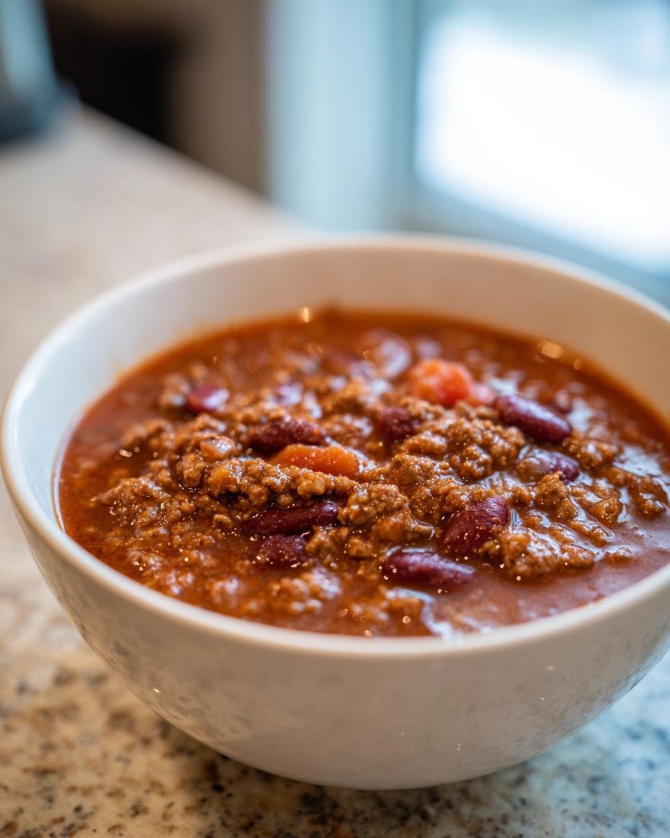 Close-up of a white bowl filled with rich, hearty Taco Soup featuring ground meat and kidney beans.