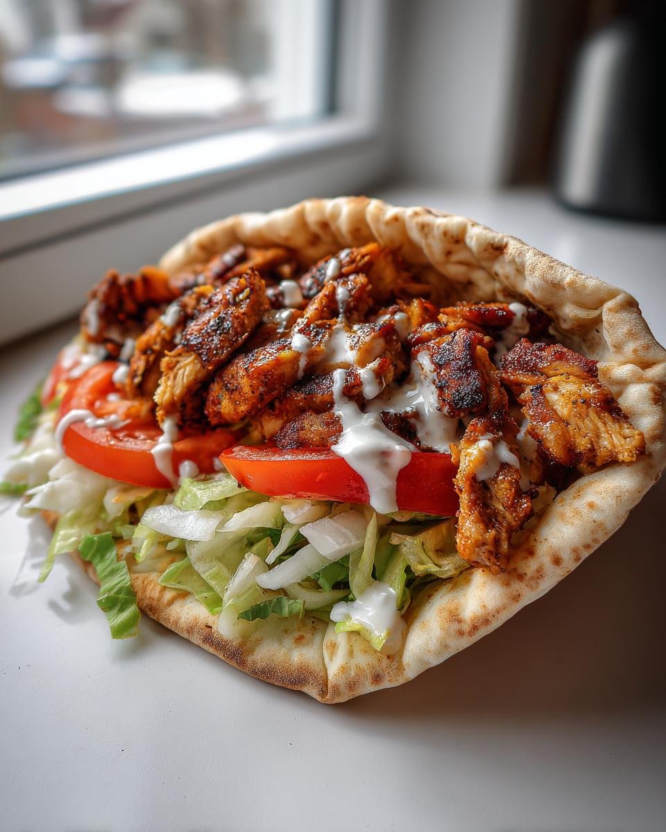 Close-up of a delicious Chicken Shawarma sandwich stuffed in pita bread with lettuce, tomatoes, and white sauce.
