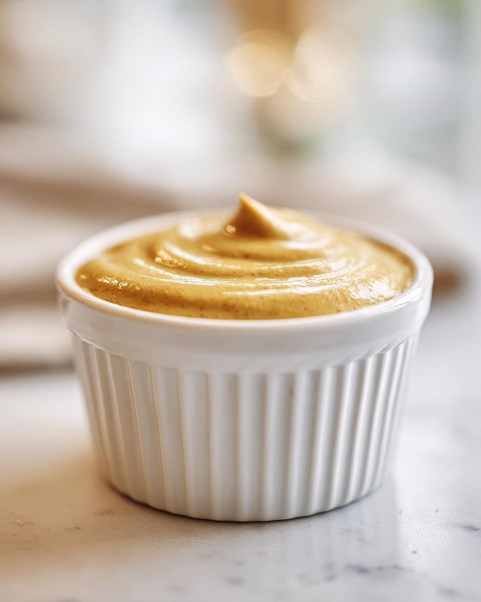 Close-up of thick, golden Honey Mustard Sauce swirled beautifully in a small white ramekin.