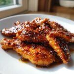 Close-up of crispy chicken pieces generously coated in a shiny, spicy glaze, characteristic of Hot Honey Chicken.