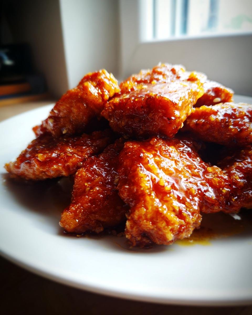 Close-up of crispy chicken pieces coated in a sticky, glossy Hot Honey Chicken glaze, served on a white plate.