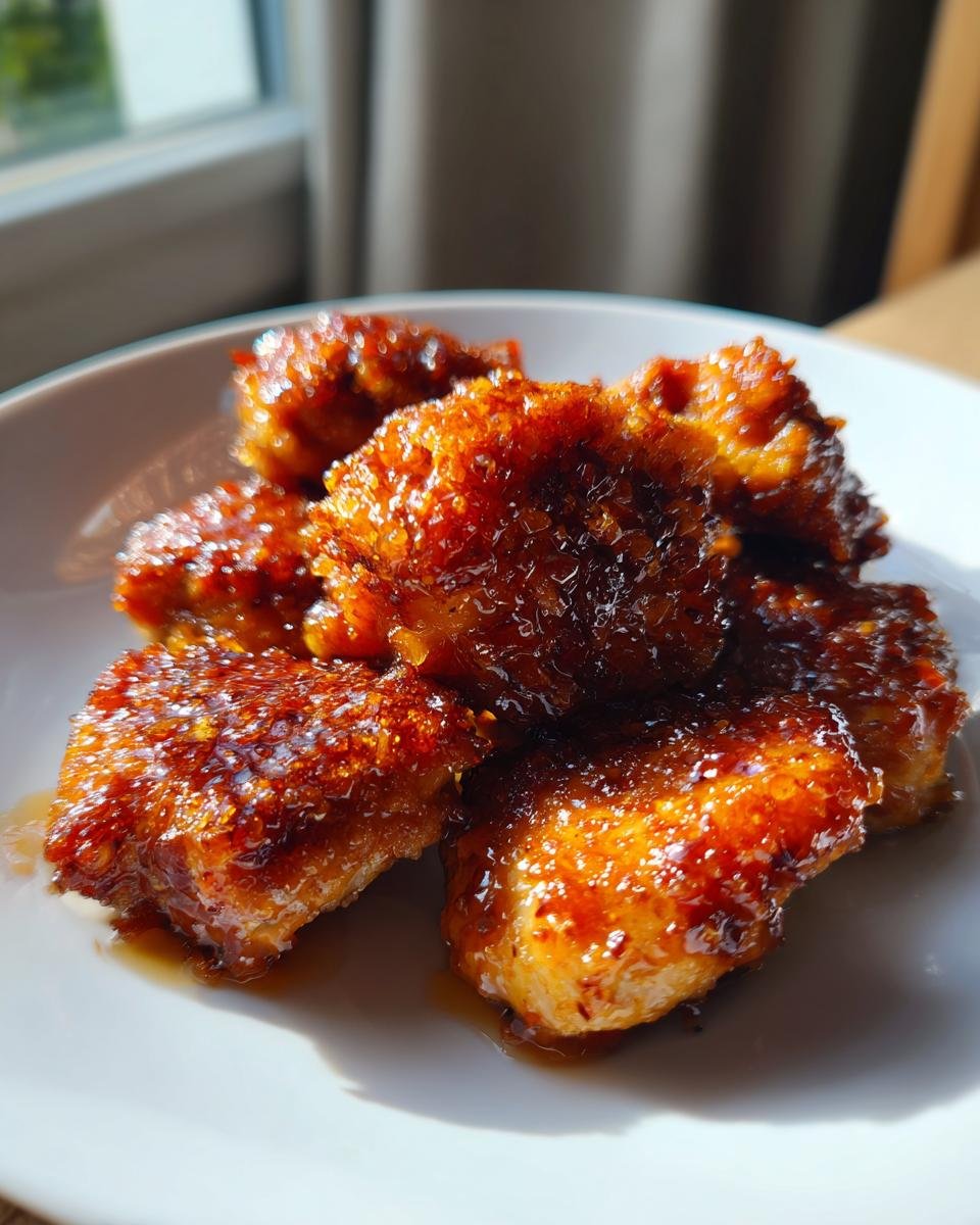 Close-up of crispy, glazed pieces of Hot Honey Chicken piled on a white plate, glistening under sunlight.
