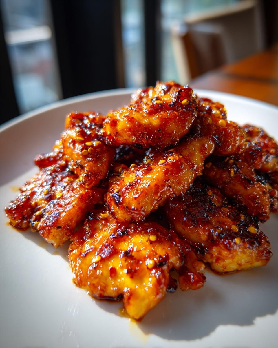 Close-up of glistening, saucy pieces of Hot Honey Chicken piled on a white plate, sprinkled with chili flakes.