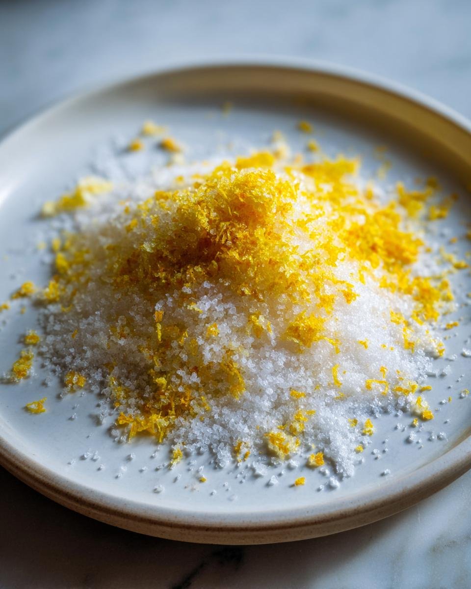 Close-up of coarse sugar mixed with bright yellow lemon zest, the key to making lemon sugar.