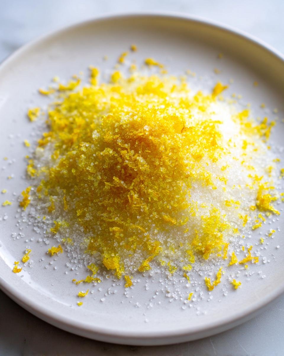 Close-up of sugar mixed with bright yellow lemon zest, the key step for how to make lemon sugar.