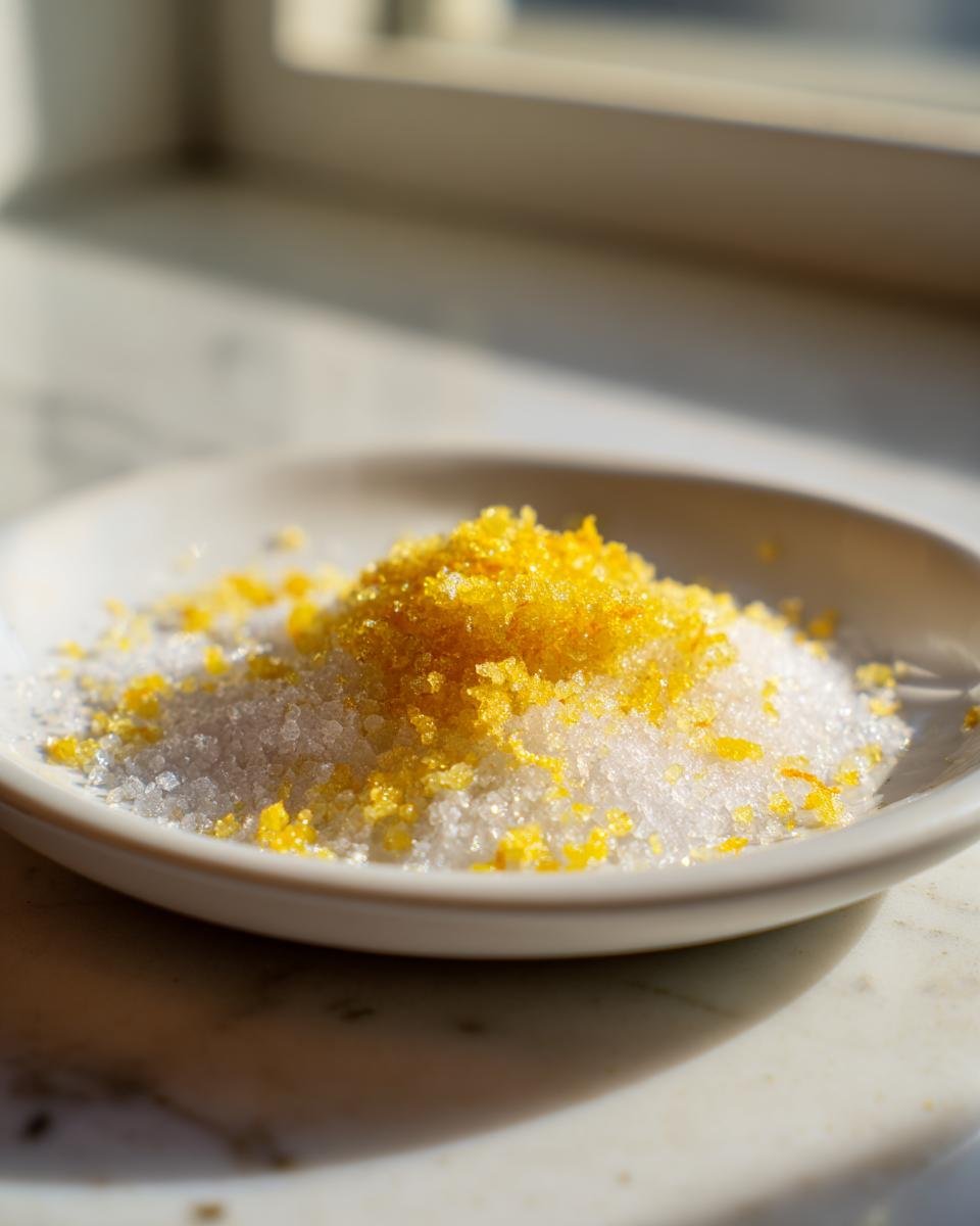 Close-up of a small mound of white sugar mixed with bright yellow lemon zest, showing how to make lemon sugar.