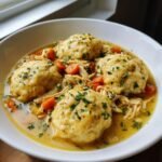 A close-up of a white bowl filled with Instant Pot Chicken And Dumplings, featuring fluffy dumplings, shredded chicken, carrots, and broth.