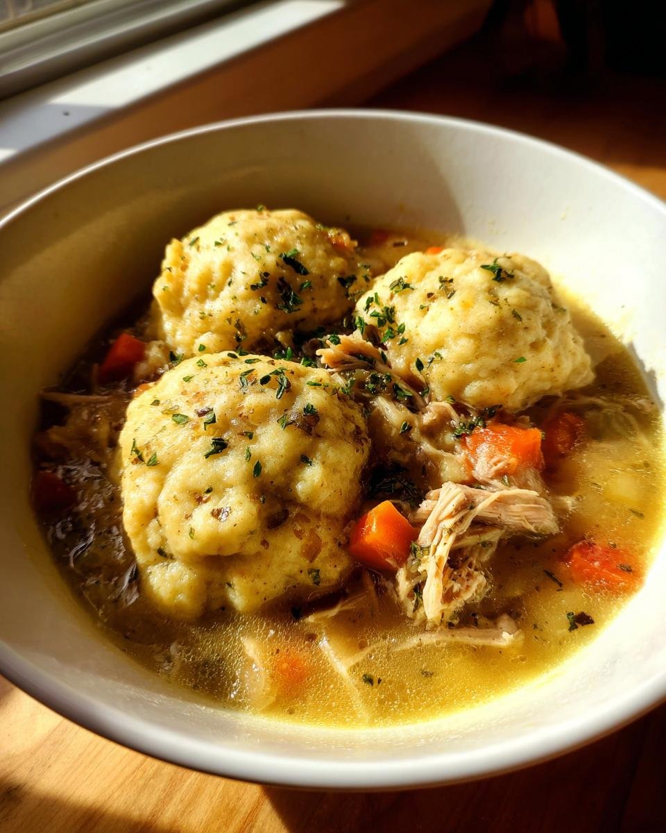 A close-up of a white bowl filled with Instant Pot Chicken And Dumplings, featuring three fluffy dumplings in savory broth with shredded chicken and carrots.