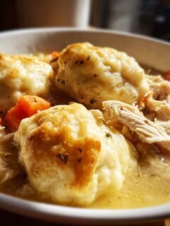 Close-up of a bowl of Instant Pot Chicken And Dumplings, featuring fluffy dumplings, shredded chicken, and carrots in a savory broth.