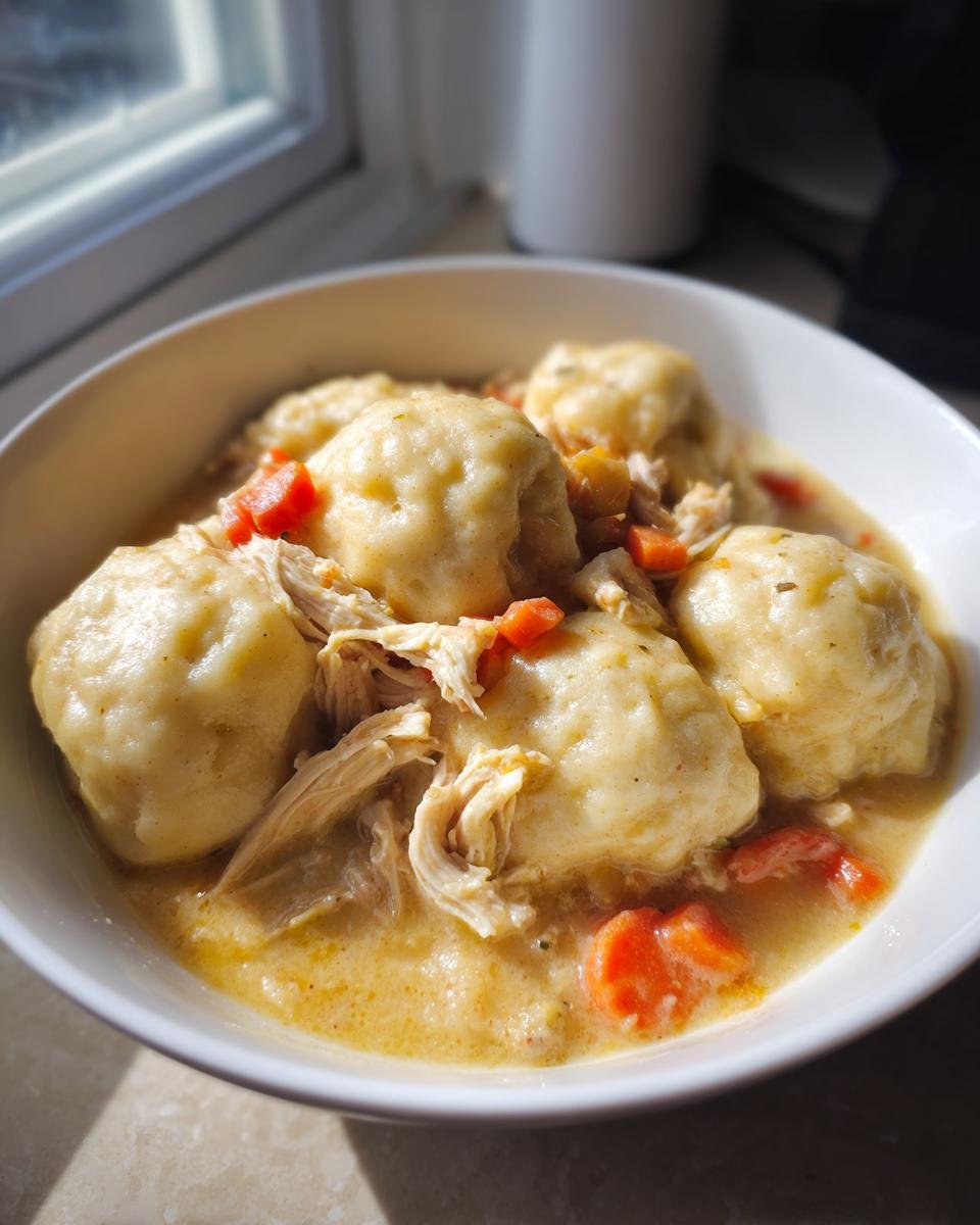 A white bowl filled with creamy Instant Pot Chicken And Dumplings, featuring fluffy dumplings, shredded chicken, and bright orange carrots.