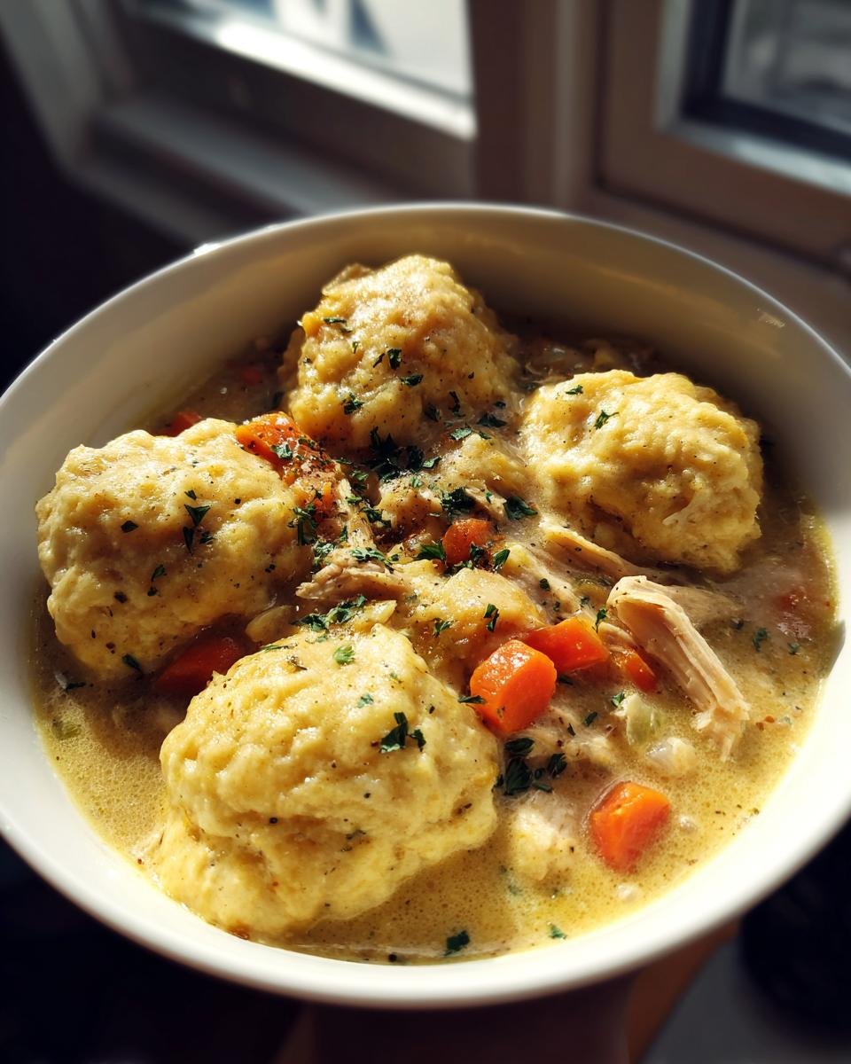 A close-up of a white bowl filled with creamy Instant Pot Chicken And Dumplings, topped with fresh parsley.