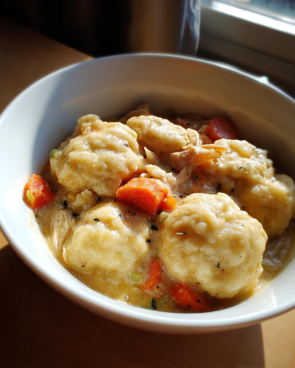 A close-up of a white bowl filled with creamy Instant Pot Chicken And Dumplings, featuring large dumplings and bright orange carrots.