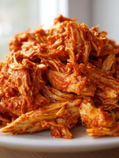 Close-up of a mound of saucy, shredded Instant Pot Chicken Tinga piled high on a white plate.