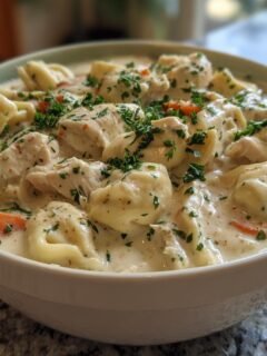 A close-up of a bowl filled with Instant Pot Creamy Chicken Tortellini Soup, topped with fresh parsley.