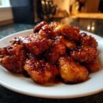 Close-up of sticky, glazed Instant Pot Honey Garlic Chicken pieces piled on a white plate.