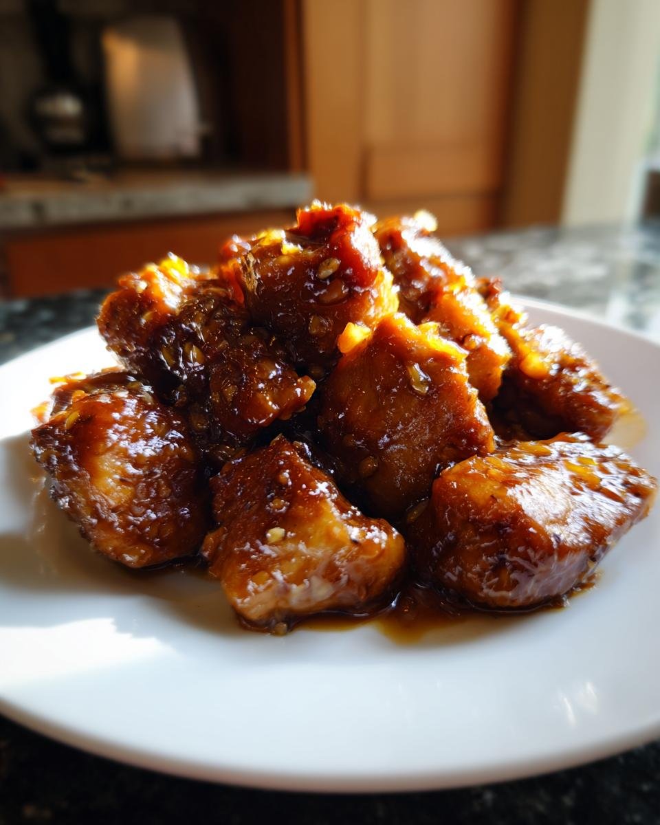 Close-up of sticky, glazed Instant Pot Honey Garlic Chicken pieces piled on a white plate.