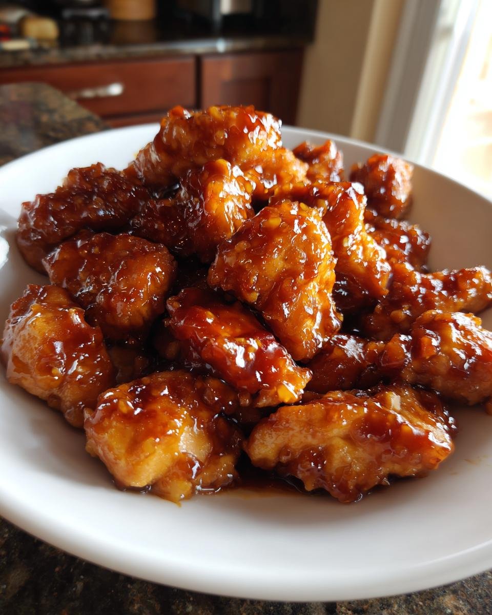 Close-up of tender chicken pieces coated in a thick, glossy sauce, representing Instant Pot Honey Garlic Chicken.