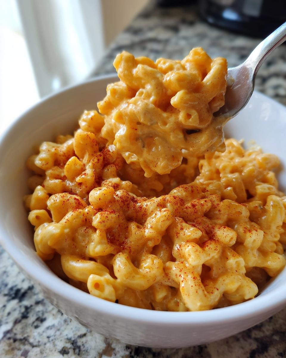 A fork lifting a creamy scoop of Instant Pot Mac And Cheese topped with paprika from a white bowl.