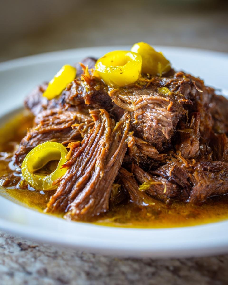 Close-up of tender, shredded Instant Pot Mississippi Pot Roast topped with bright yellow pepperoncini rings.
