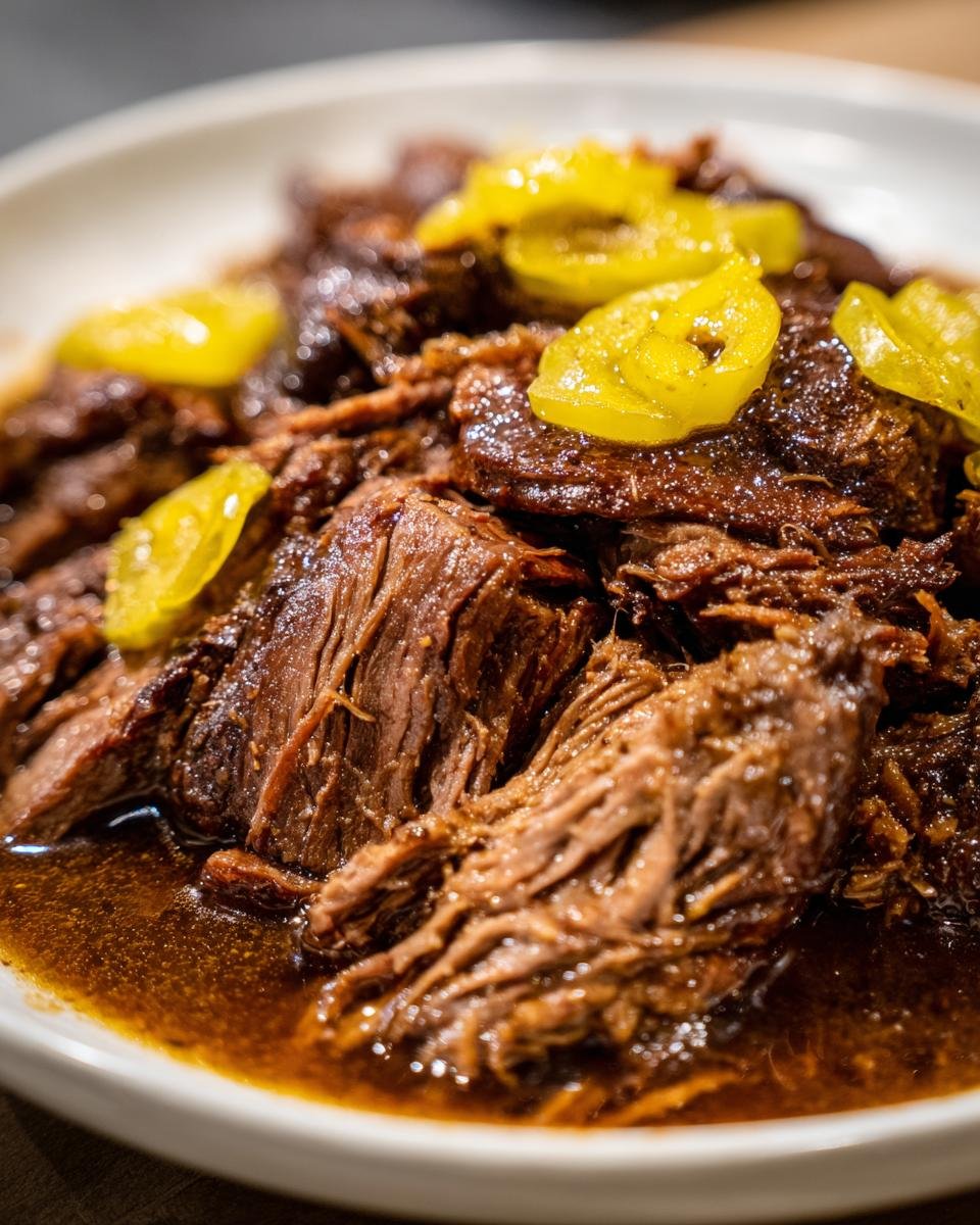 Close-up of tender, shredded Instant Pot Mississippi Pot Roast covered in rich gravy and topped with bright yellow pepperoncini slices.