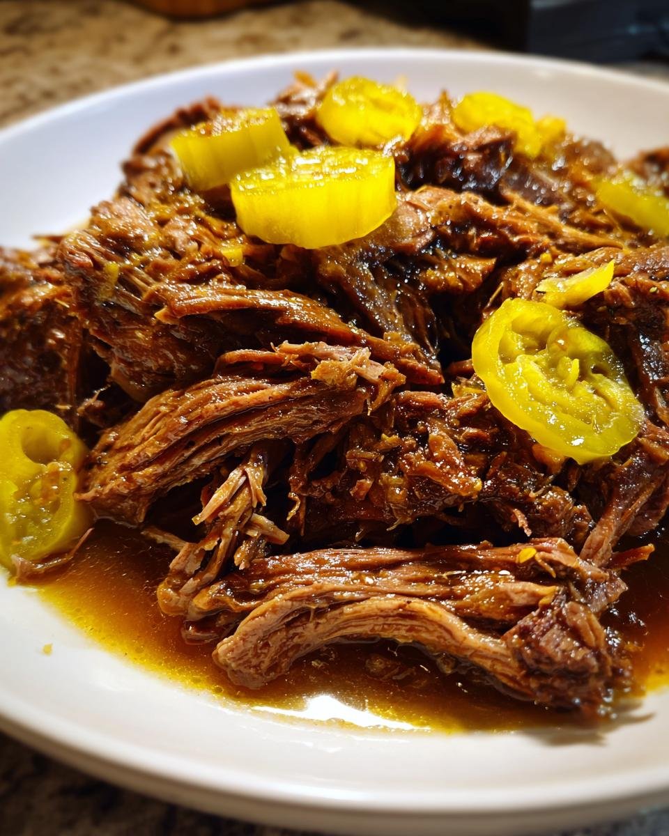Close-up of tender, shredded Instant Pot Mississippi Pot Roast topped with bright yellow pepperoncini slices.