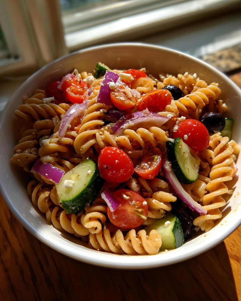 Close-up of a bowl filled with Italian Pasta Salad featuring rotini pasta, cherry tomatoes, cucumber, red onion, and olives.