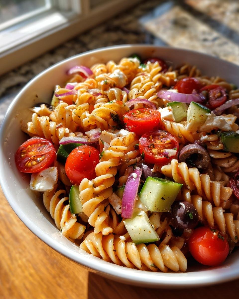 Close-up of a bowl filled with Amazing Italian Pasta Salad featuring fusilli pasta, cherry tomatoes, cucumber, and red onion.