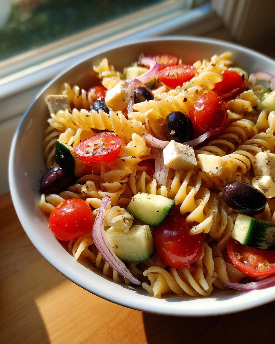 A close-up bowl of Italian Pasta Salad featuring fusilli pasta, cherry tomatoes, feta cheese cubes, olives, and red onion.