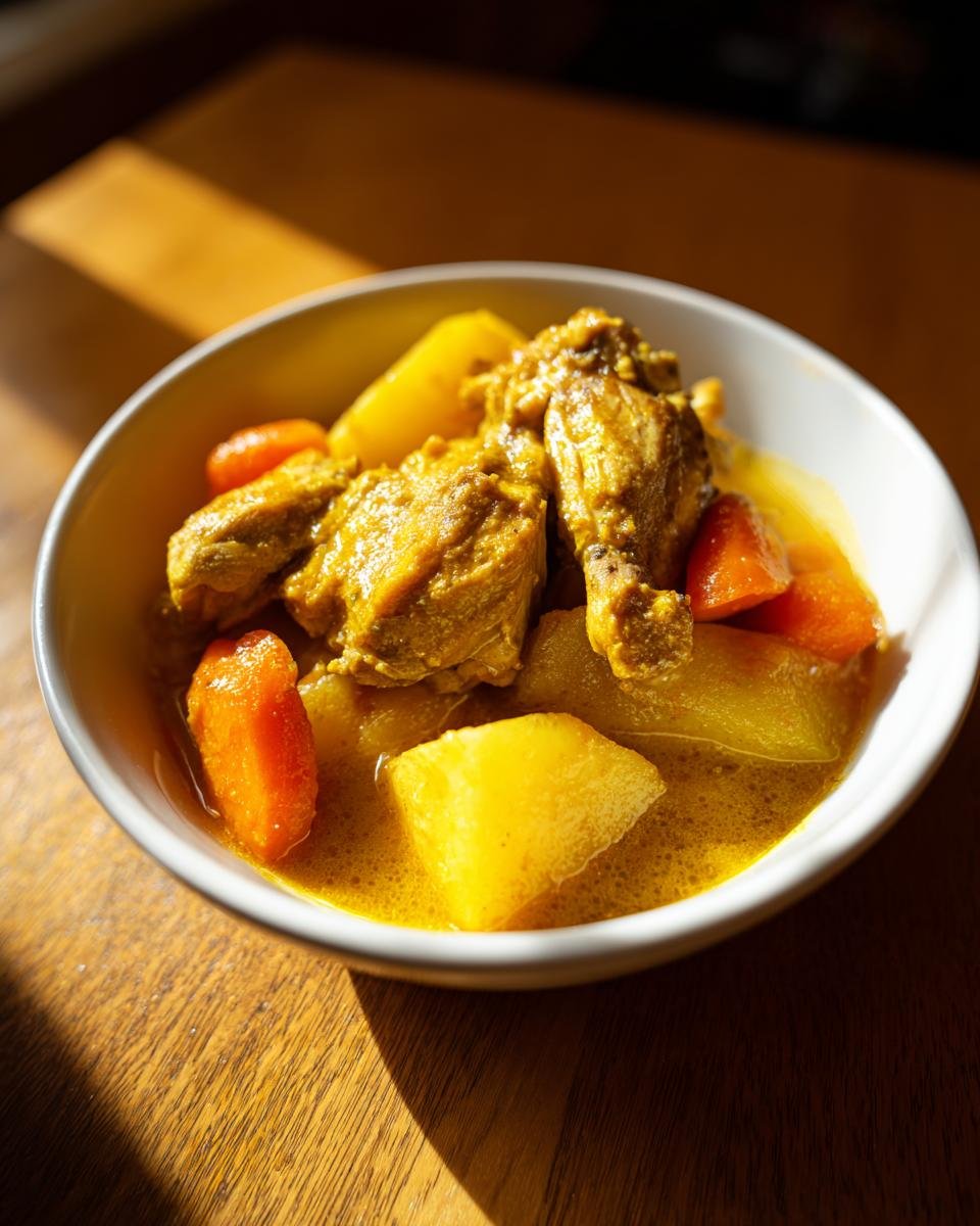 A close-up of Jamaican Curry Chicken served in a white bowl with chunks of potato and carrot in a rich yellow sauce.