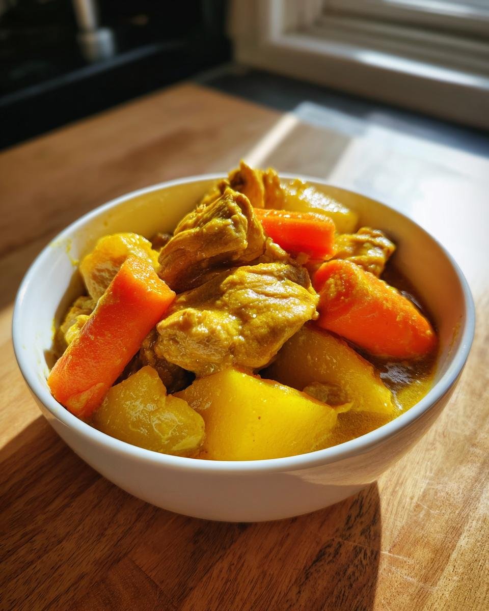 Close-up of a white bowl filled with rich, yellow Jamaican Curry Chicken chunks, potatoes, and bright orange carrots.