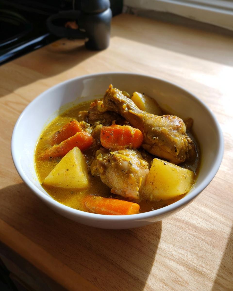 A white bowl filled with vibrant Jamaican Curry Chicken, potatoes, and carrots in a rich yellow sauce.