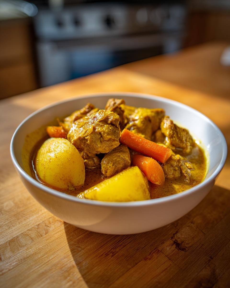 A close-up of a white bowl filled with vibrant yellow Jamaican Curry Chicken, potatoes, and carrots, sitting on a wooden counter.