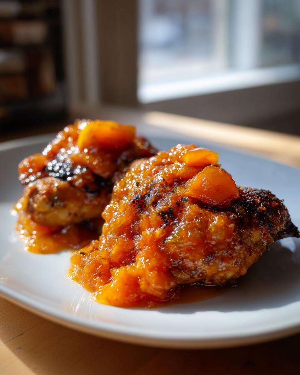 Two pieces of grilled Jamaican Jerk Chicken topped generously with a chunky, bright orange stone fruit sauce.